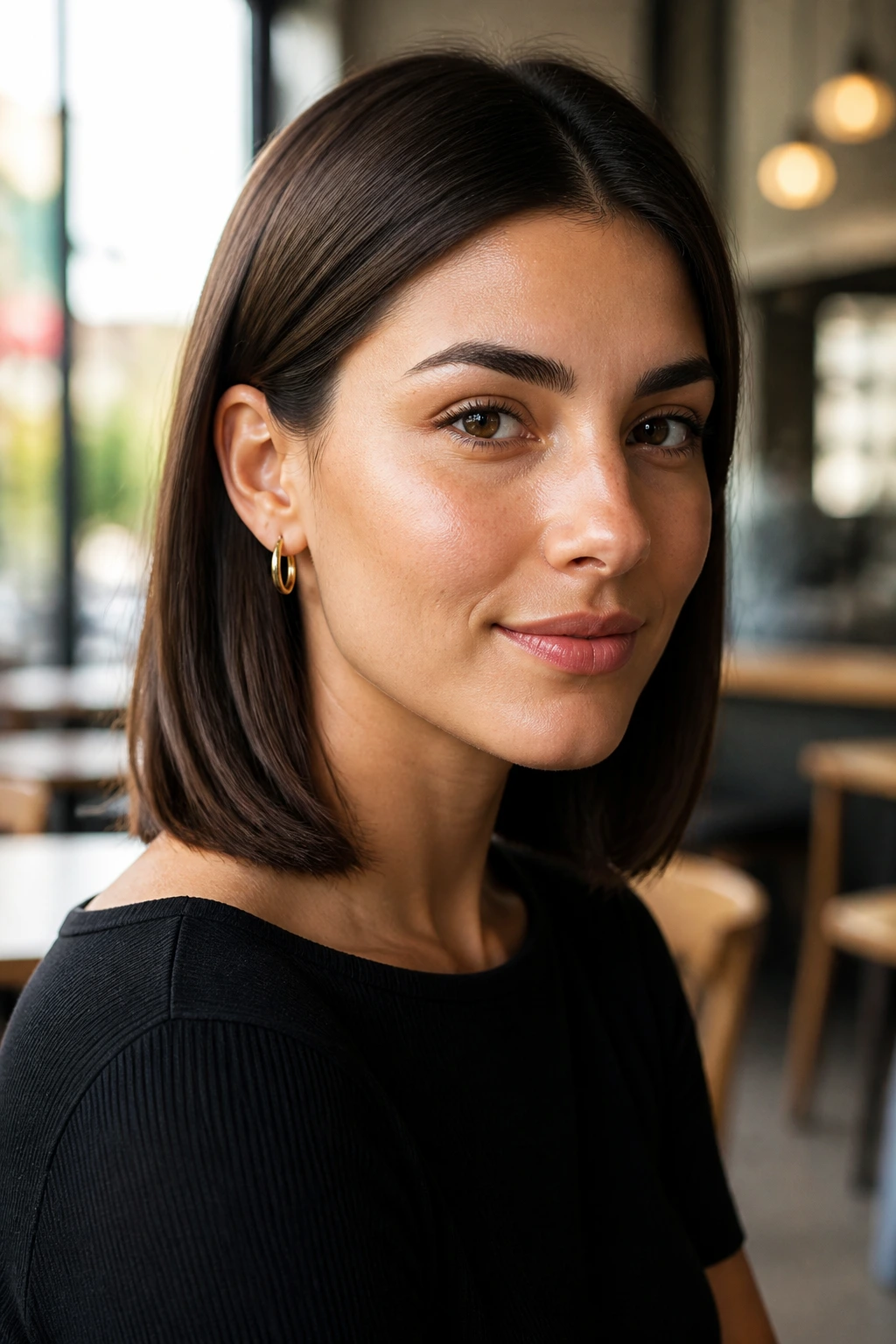 Close-up of a woman with one-length midi and tucked ends in cafe light