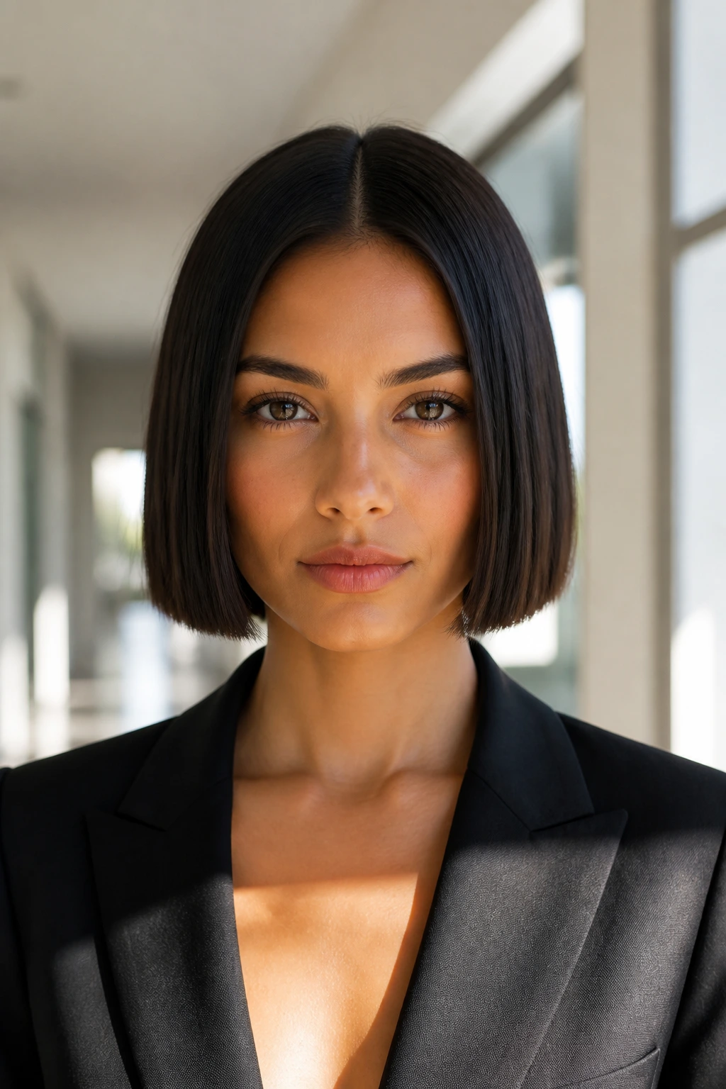 Frontal portrait of a real woman with a blunt, one-length power bob