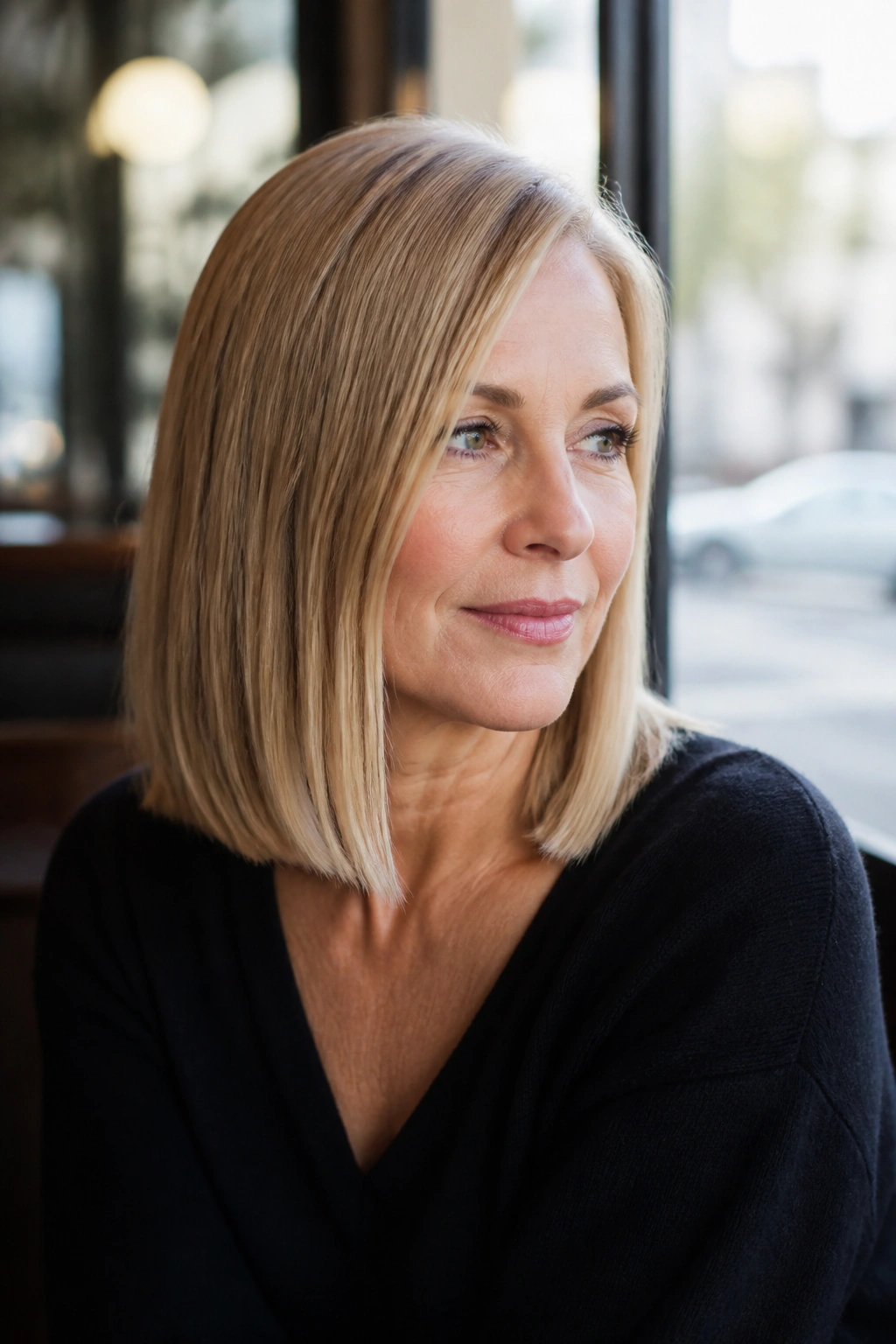 Real woman with shoulder-length blunt cut and deep side part in a sunny cafe