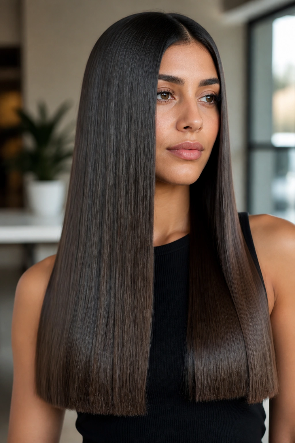 Portrait of a woman with one-length sleek long hair and a crisp, shiny finish
