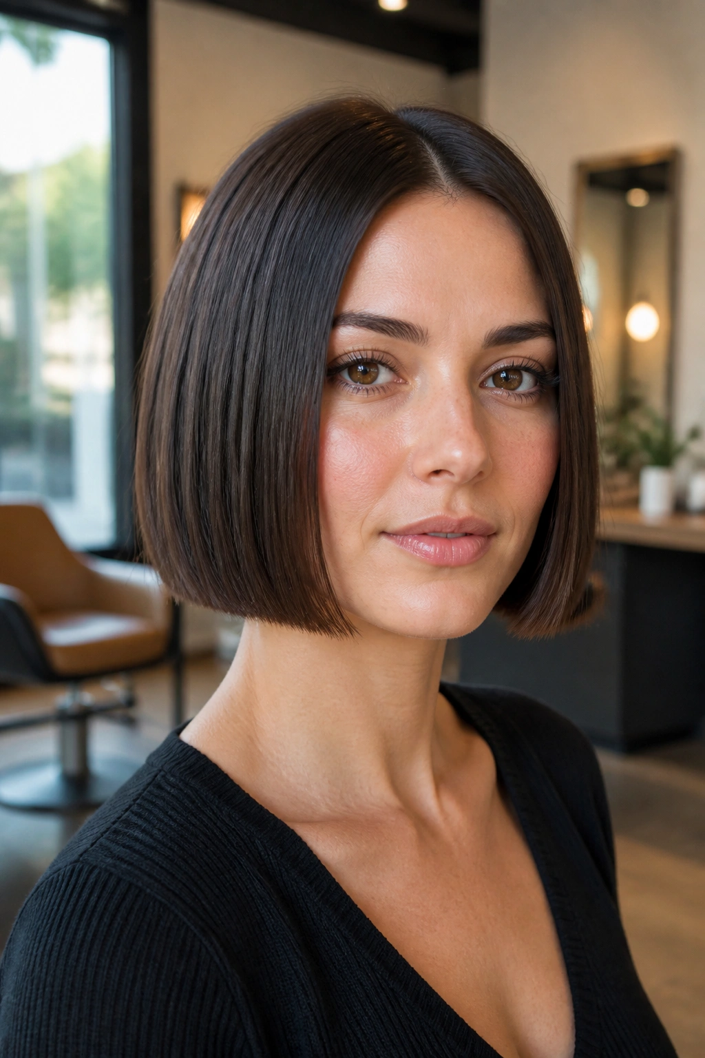 Close-up of a real woman with a blunt one-length square bob in a sunlit salon