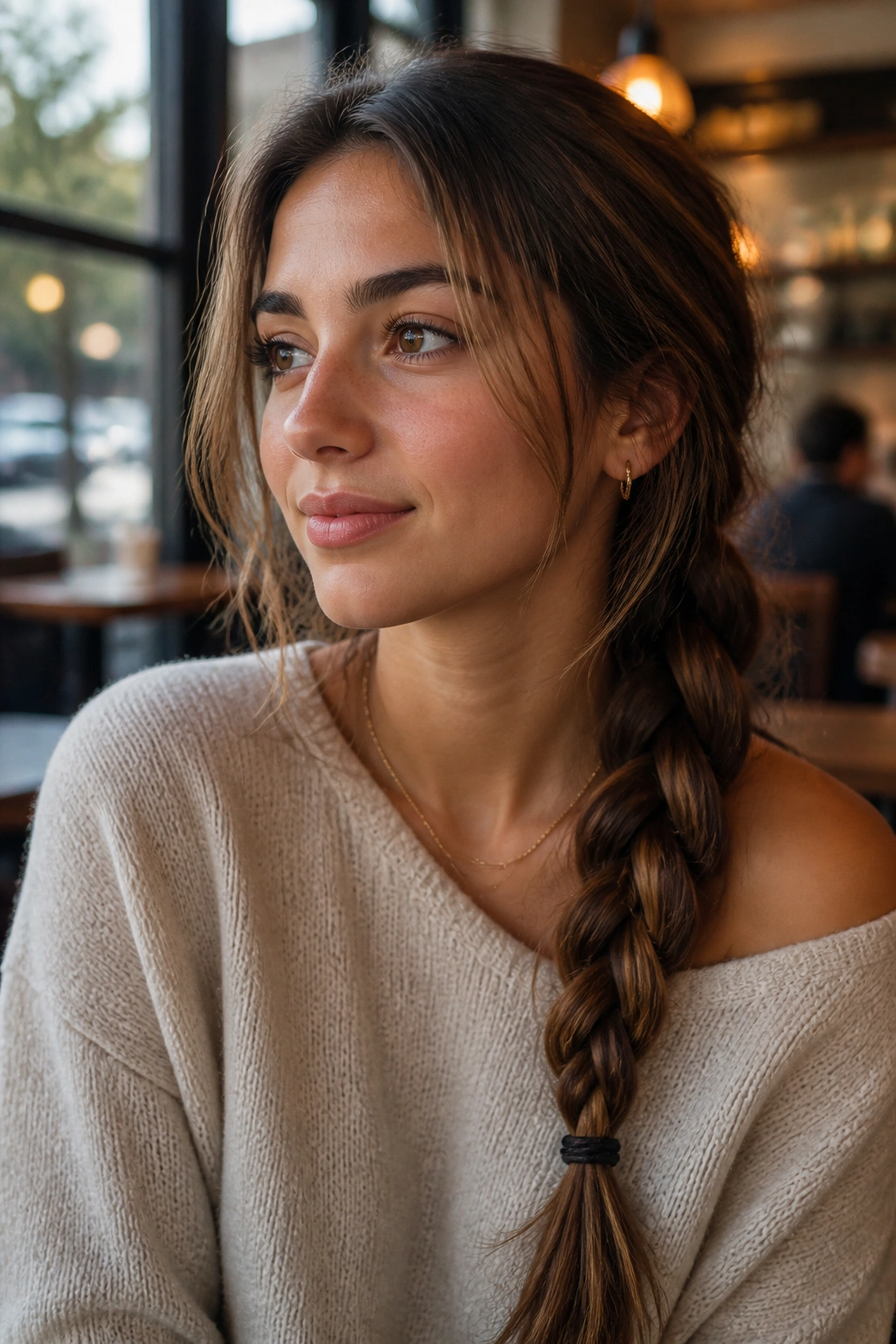 Close-up of a real woman with a one shoulder side braid