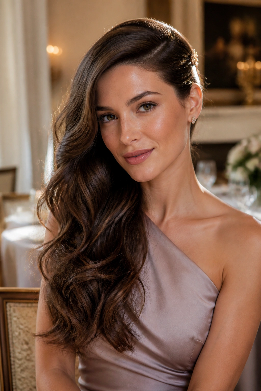 Close-up of a real woman with a loose romantic sweep over one shoulder