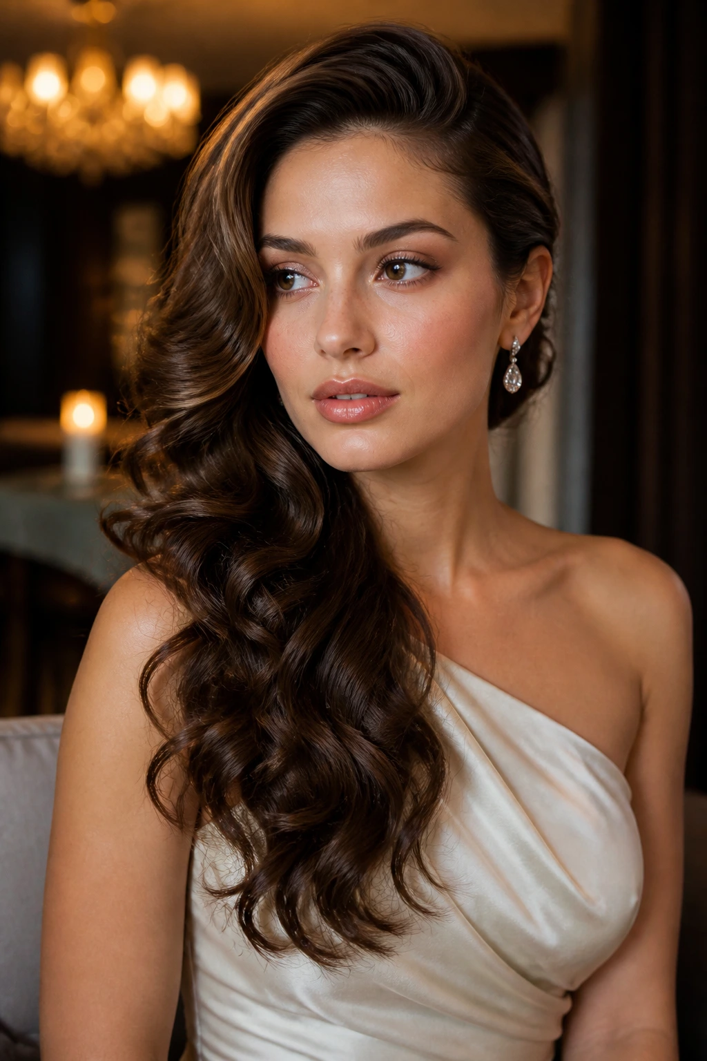 Close-up of a real woman with one-shoulder wave swept over the shoulder