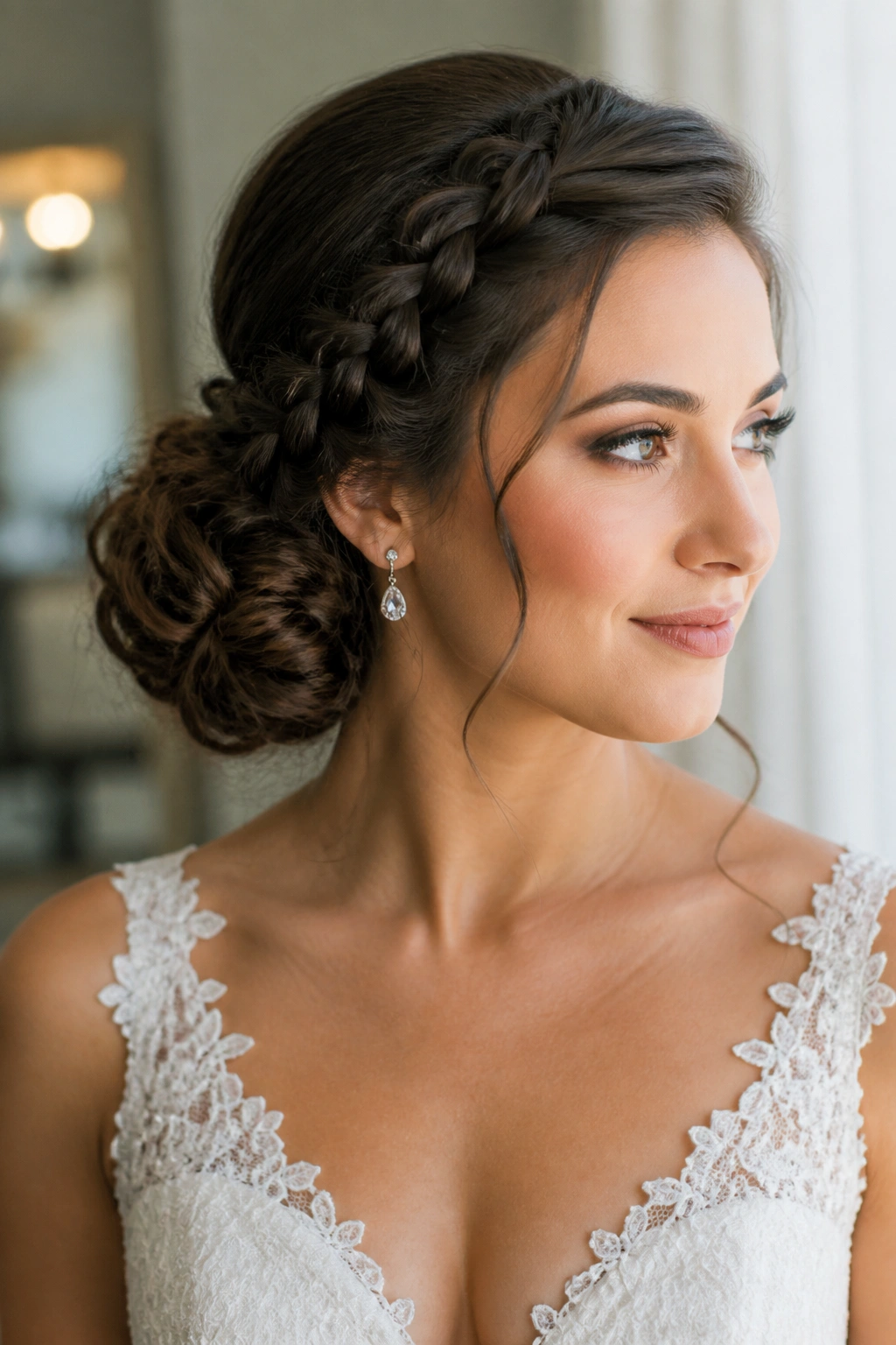 Bride with one-side braided bun, side braid leading to a low bun on the opposite side