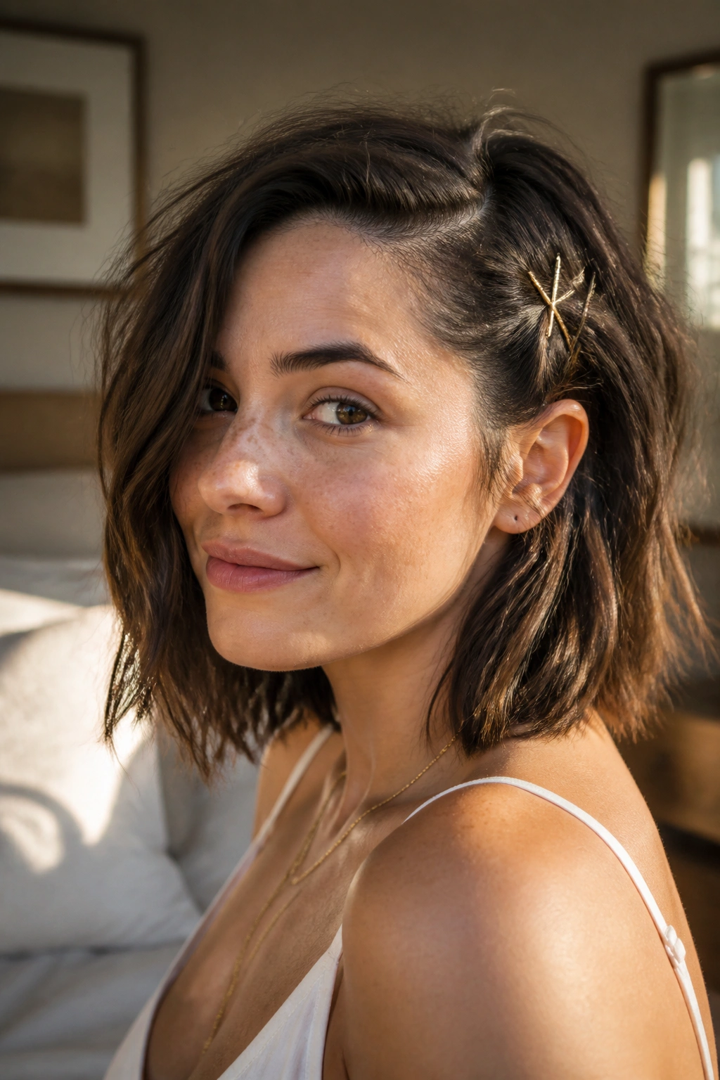 Close-up of a real woman with a lob, hair pinned back on one side with two X-crossed bobby pins in a sunlit bedroom