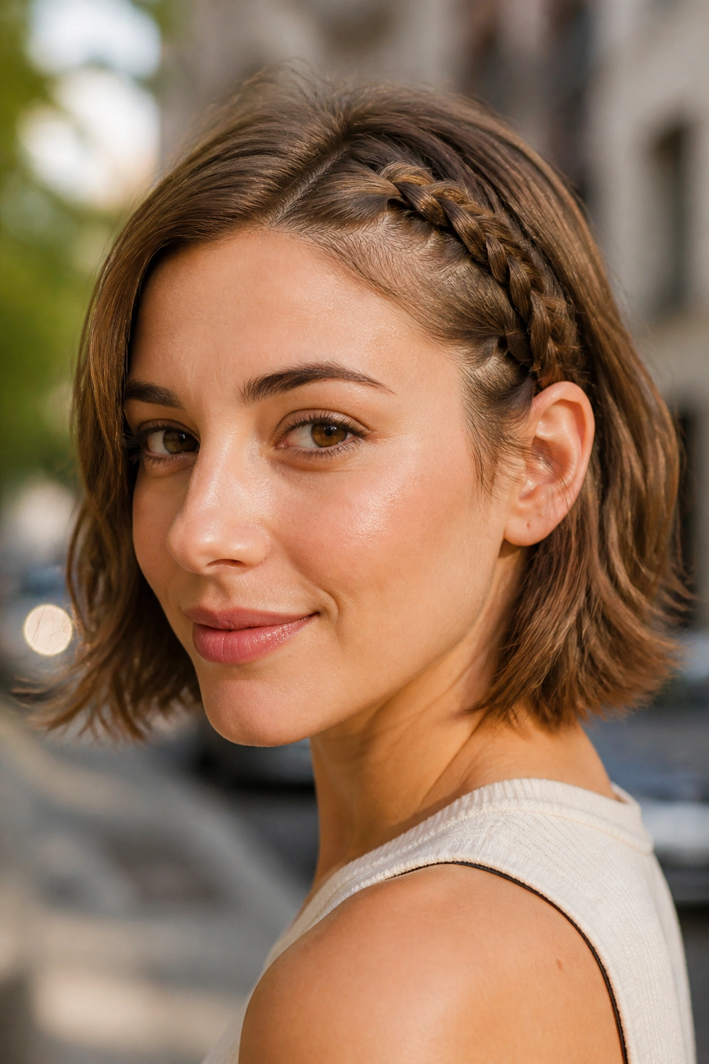 Close-up of a real person with a single narrow braid along the front hairline