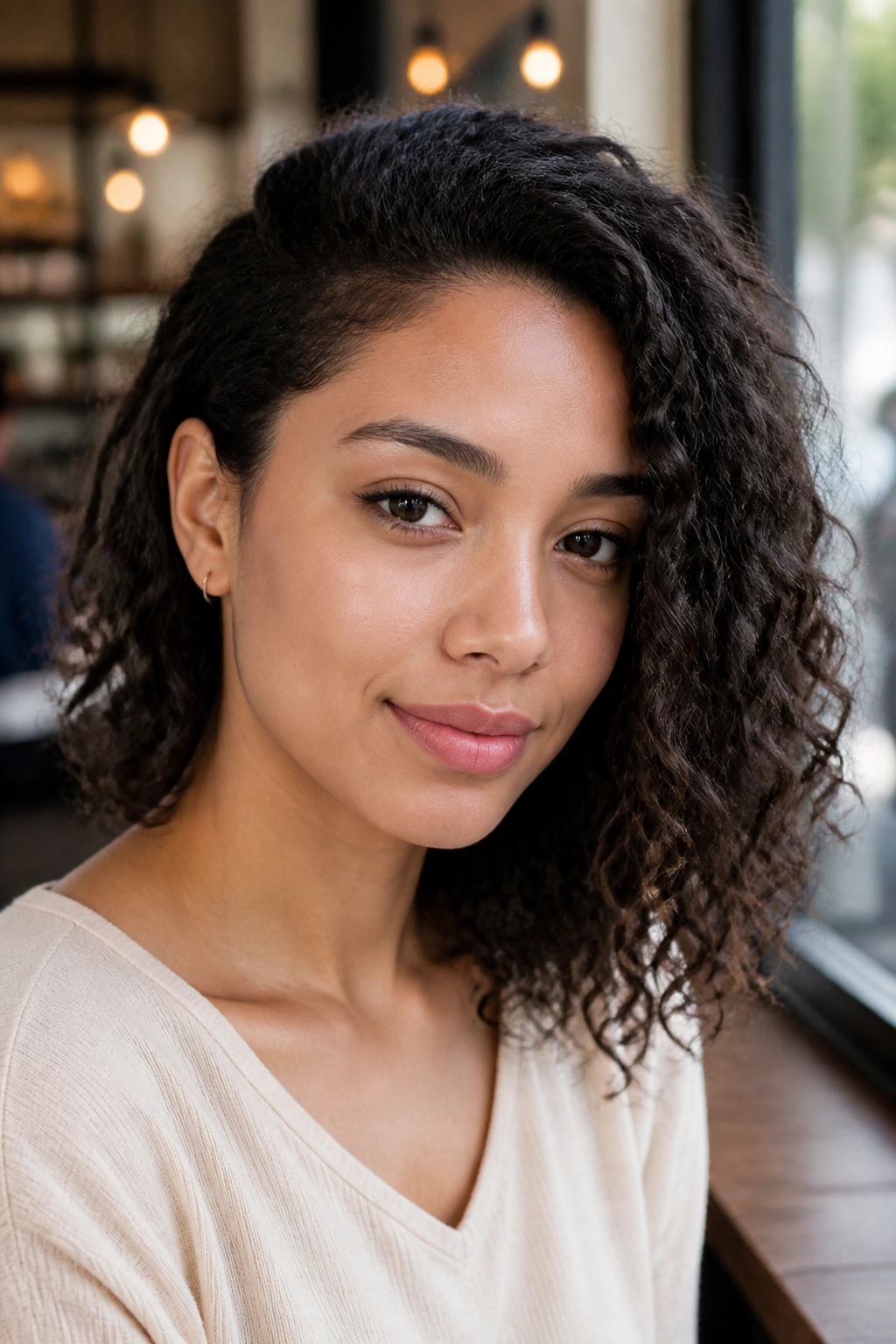 Real woman with one-sided tuck behind the ear, curls framing the face.