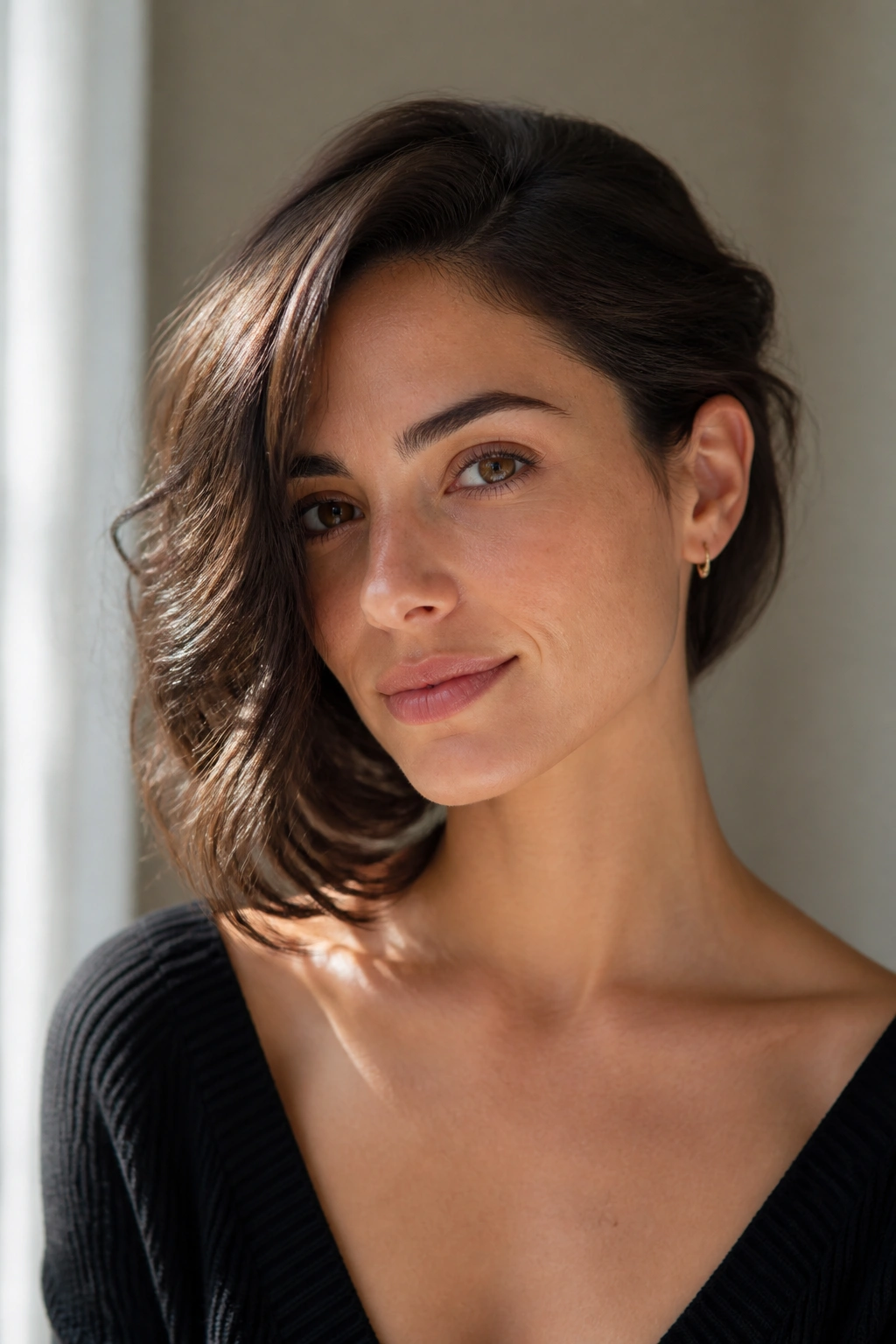 Close-up of a real woman with one-sided tucked wave hairstyle.