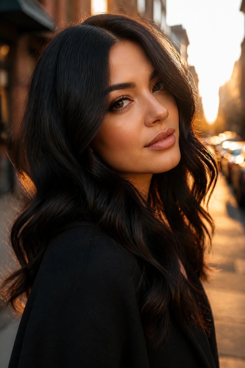 Close-up of a woman with onyx black hair styled in soft waves.