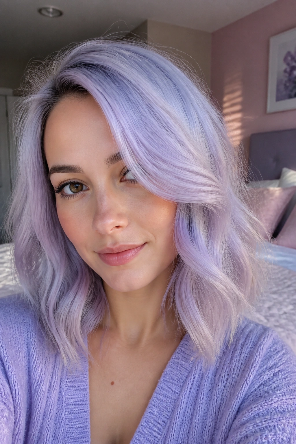 Close-up of opal silver hair with lavender sheen on a real person in window light