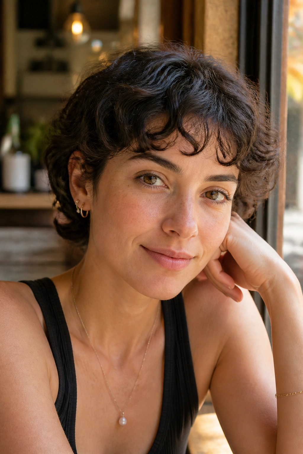 Open curly bangs showing forehead on short hair