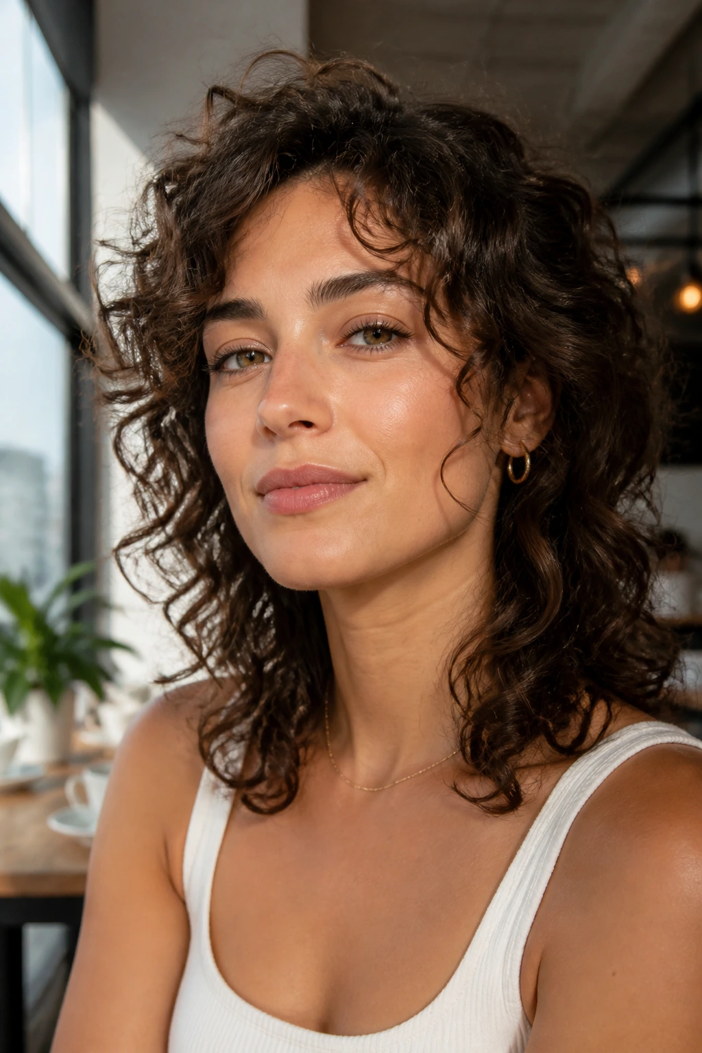 Open-face curly shag showing cheekbone-framing curls with no bangs.