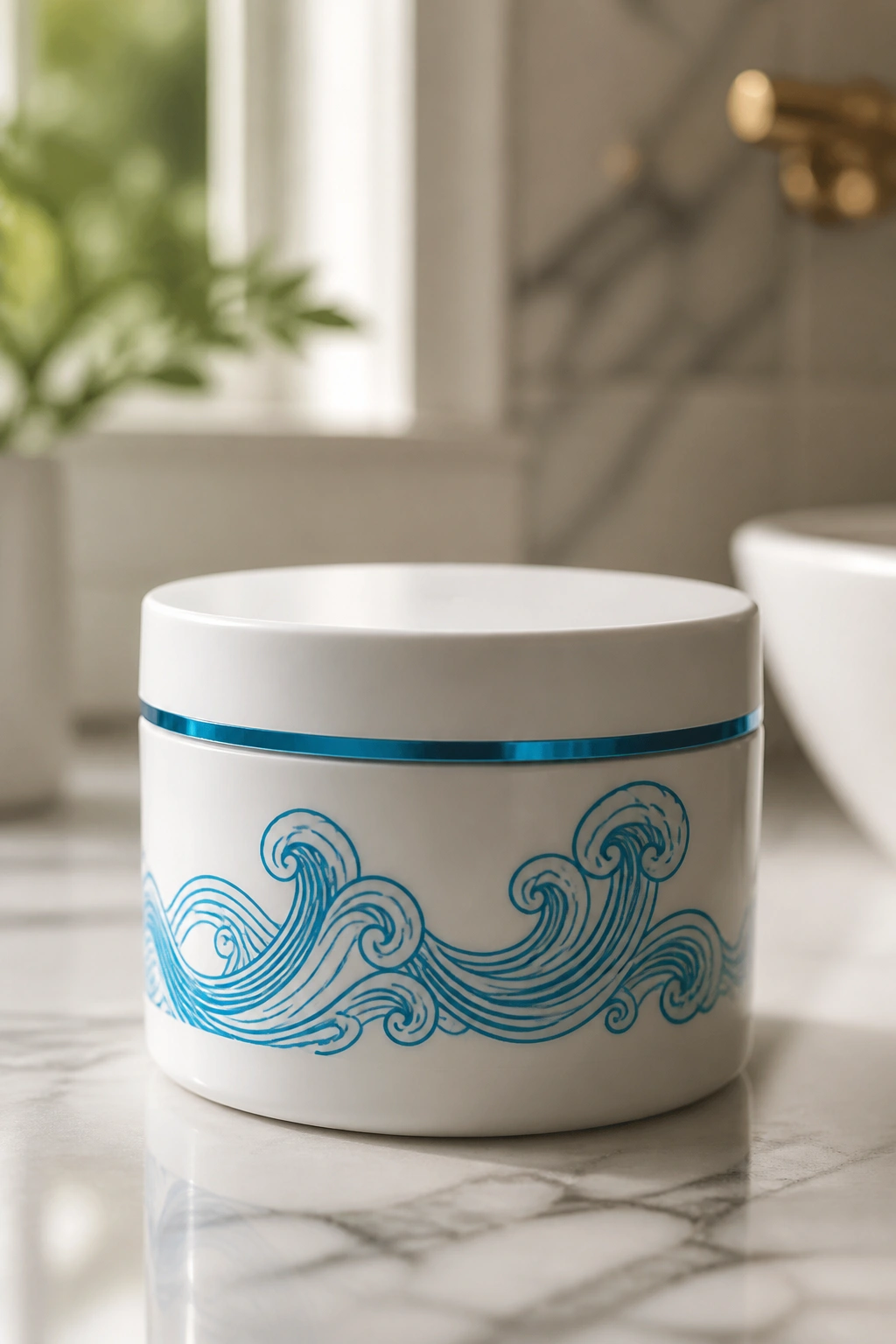Close-up of Ouidad Featherlight Styling Cream jar on marble counter with natural light
