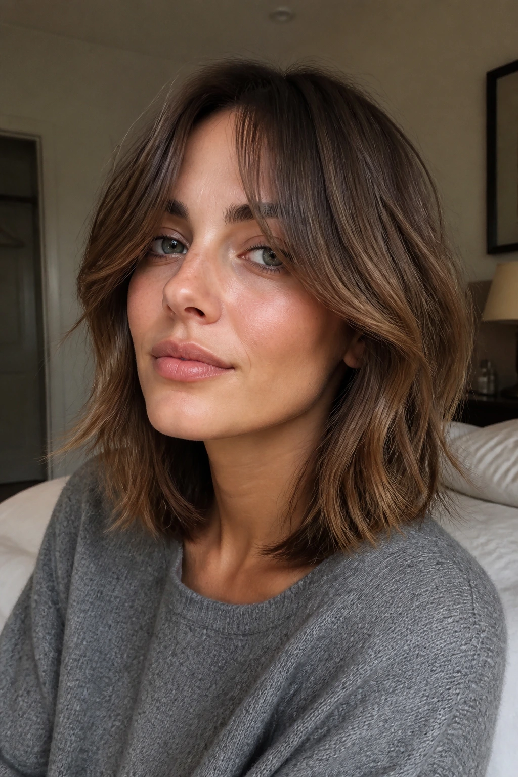 Close-up portrait of a real woman with an outgrown French bob and long curtain fringe in warm bedroom light