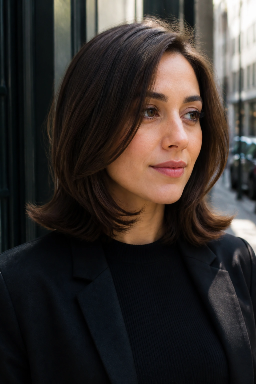 Close-up portrait of a real woman with outward-ended mid-length flip and side-parted hair.
