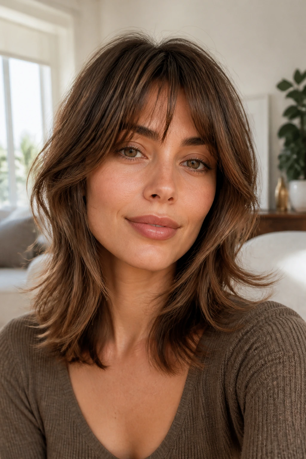 Close-up of a real woman with an oval-face shag featuring balanced layers and movement