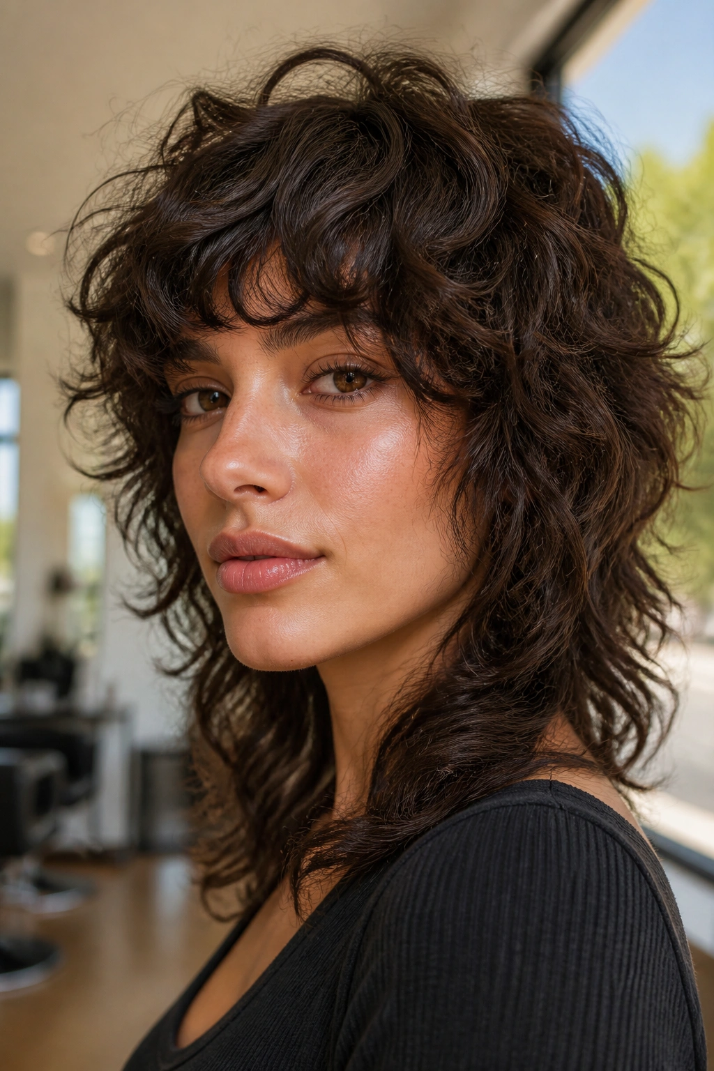 Close-up portrait of a woman with curly wolf cut for oval face, soft curtain bangs and crown lift