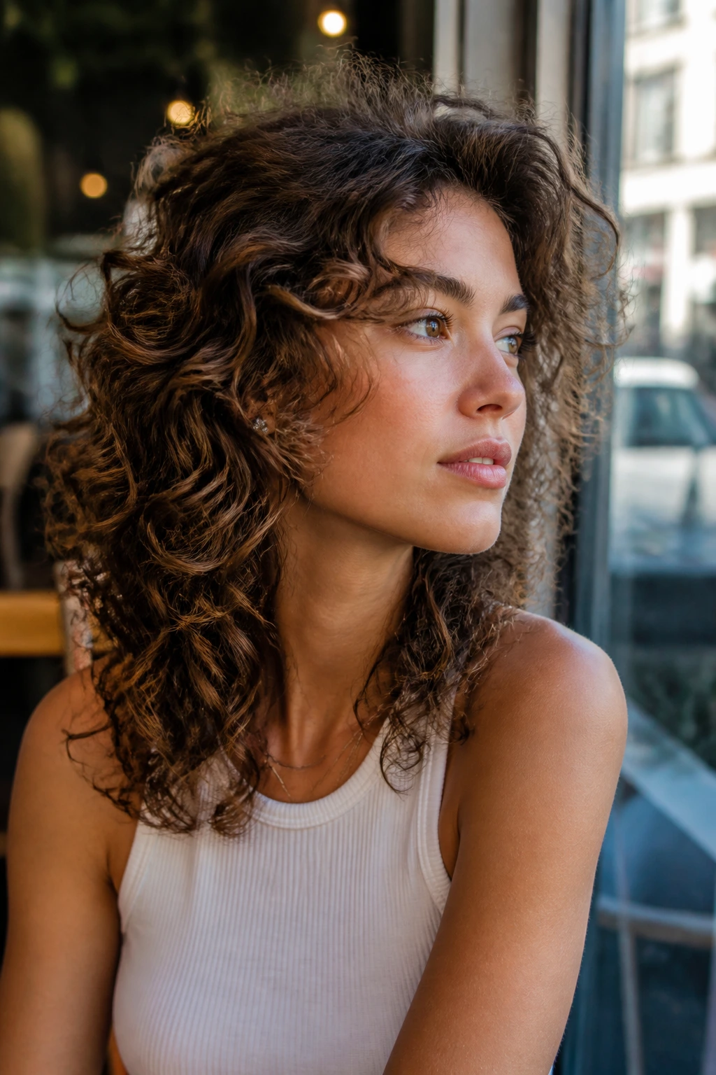 Portrait of a real person with a curly wolf cut suitable for an oval face.