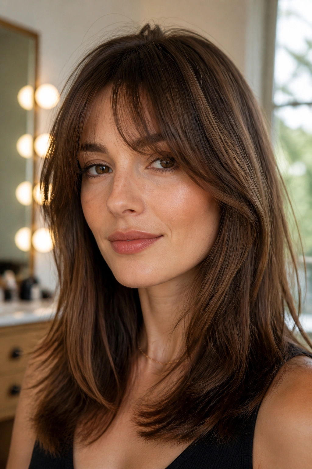 Close-up of a real woman with feathered bangs on an oval face in natural light