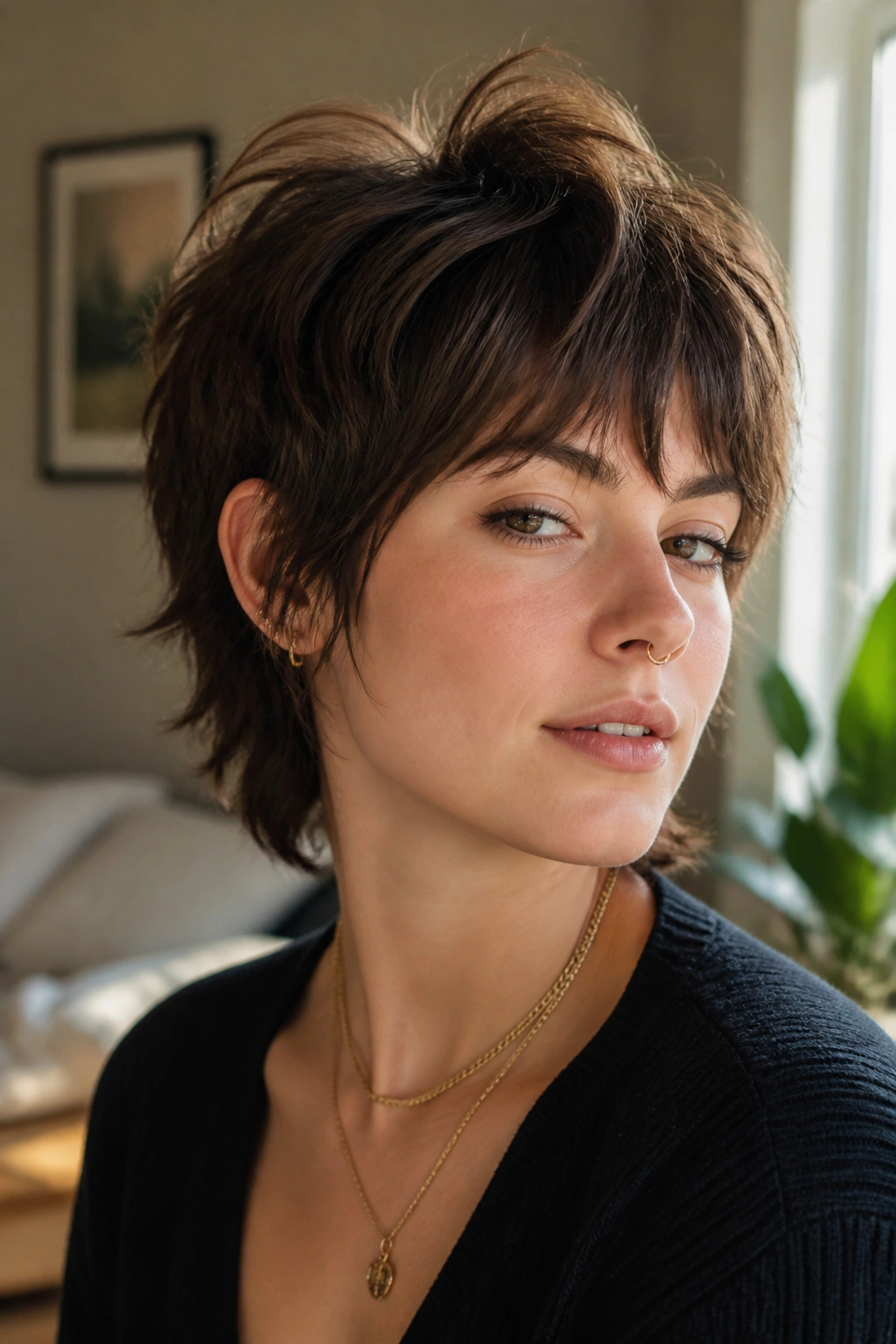 Close-up of a real person with an overgrown pixie shag and bangs