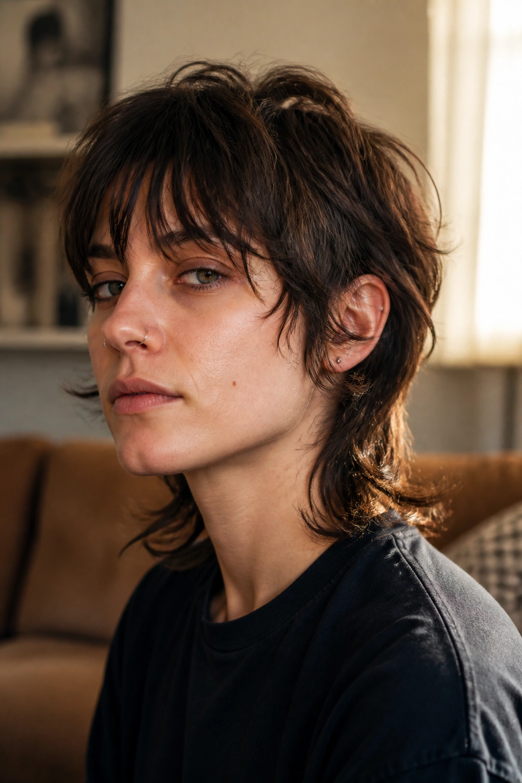 Close-up portrait of a real person with an overgrown wolf cut featuring longer fringe and textured crown.