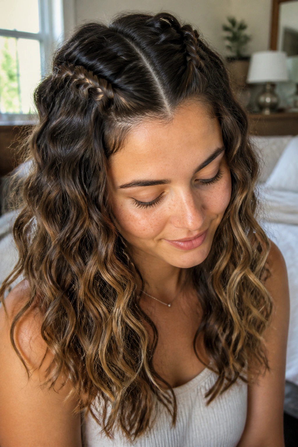 Close-up of a person showing soft waves created by overnight braids in morning light.