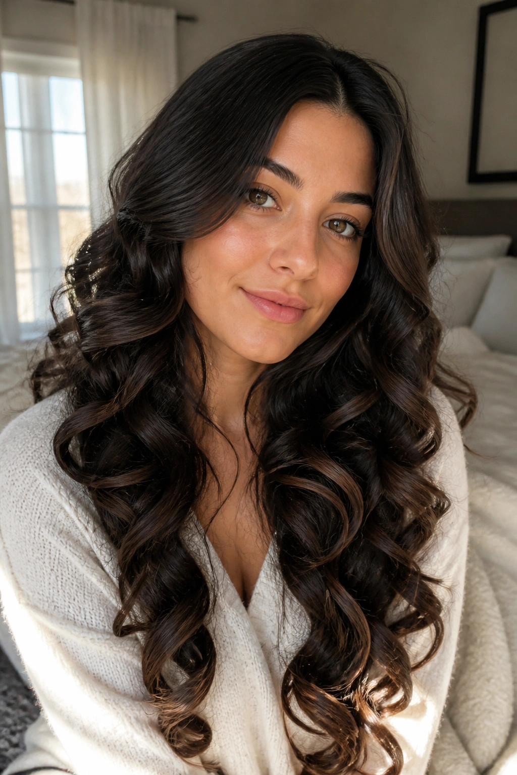 Close-up of a real woman with defined overnight heatless curls