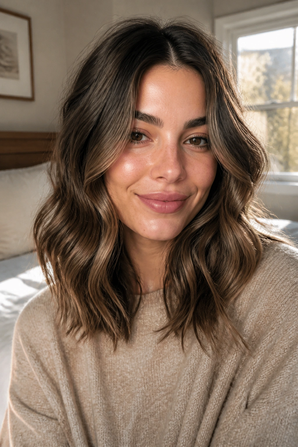 Woman with heatless overnight waves in medium-length hair under soft bedroom light.