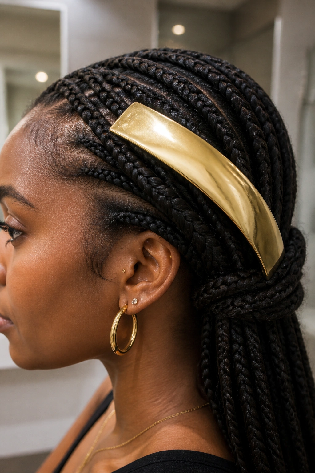 Close-up of a real person’s braided hairstyle with a large barrette visible.