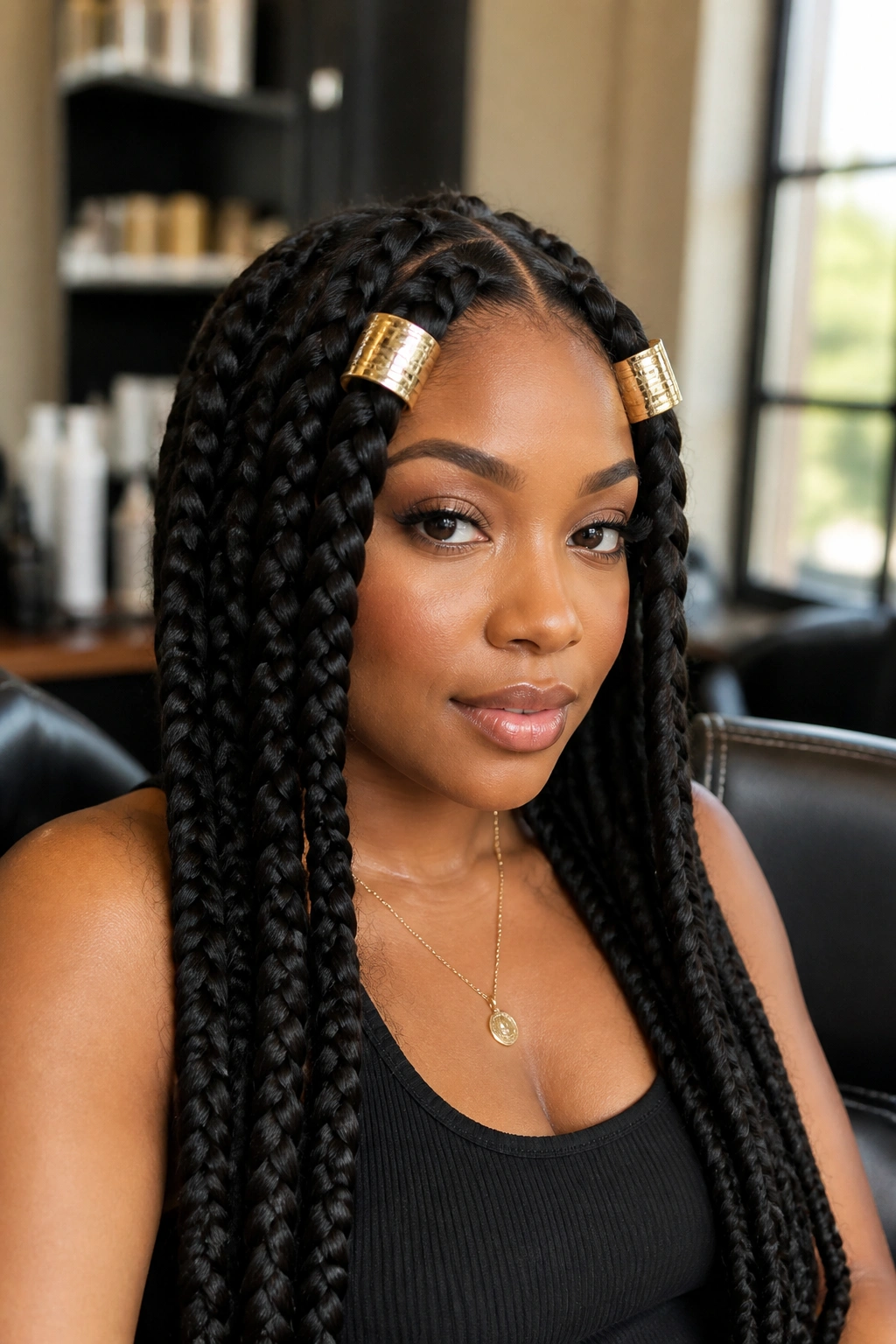 Close-up of real person with jumbo box braids and oversized cuffs at the front