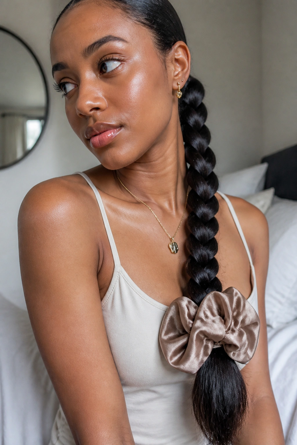 Close-up of a real woman’s long braid ending in an oversized satin scrunchie