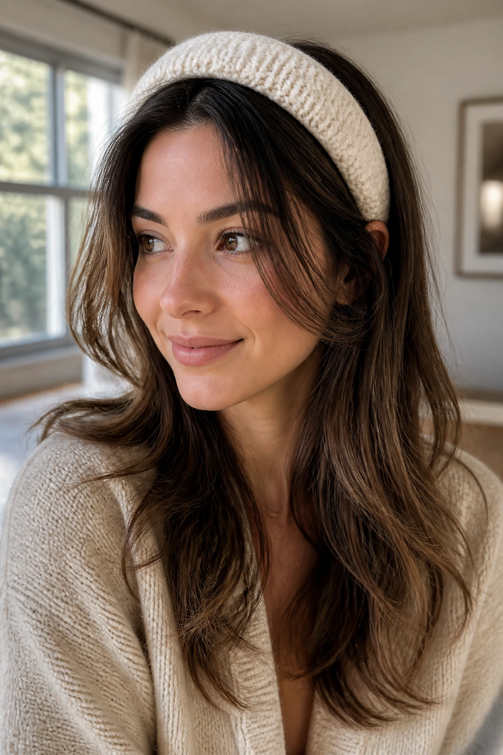 Close-up of a real woman wearing a padded headband with loose layers in a warm indoor setting