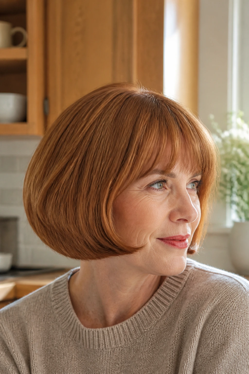 Close-up of a real person with light auburn pageboy hairstyle.
