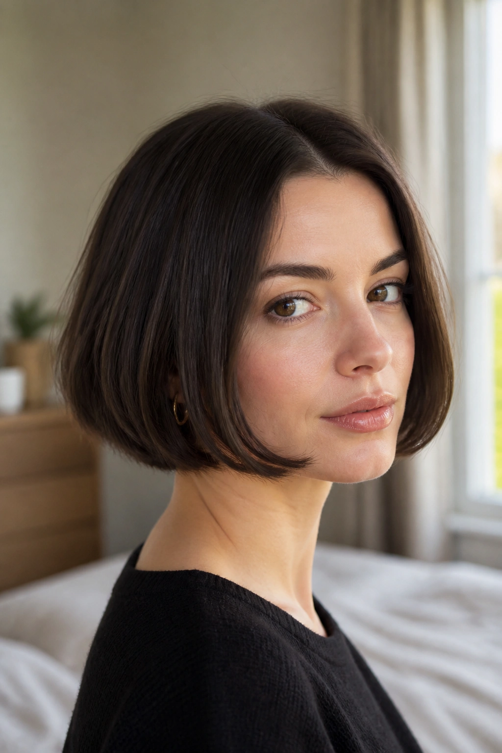 Close-up portrait of a real woman with pageboy bob and curved ends