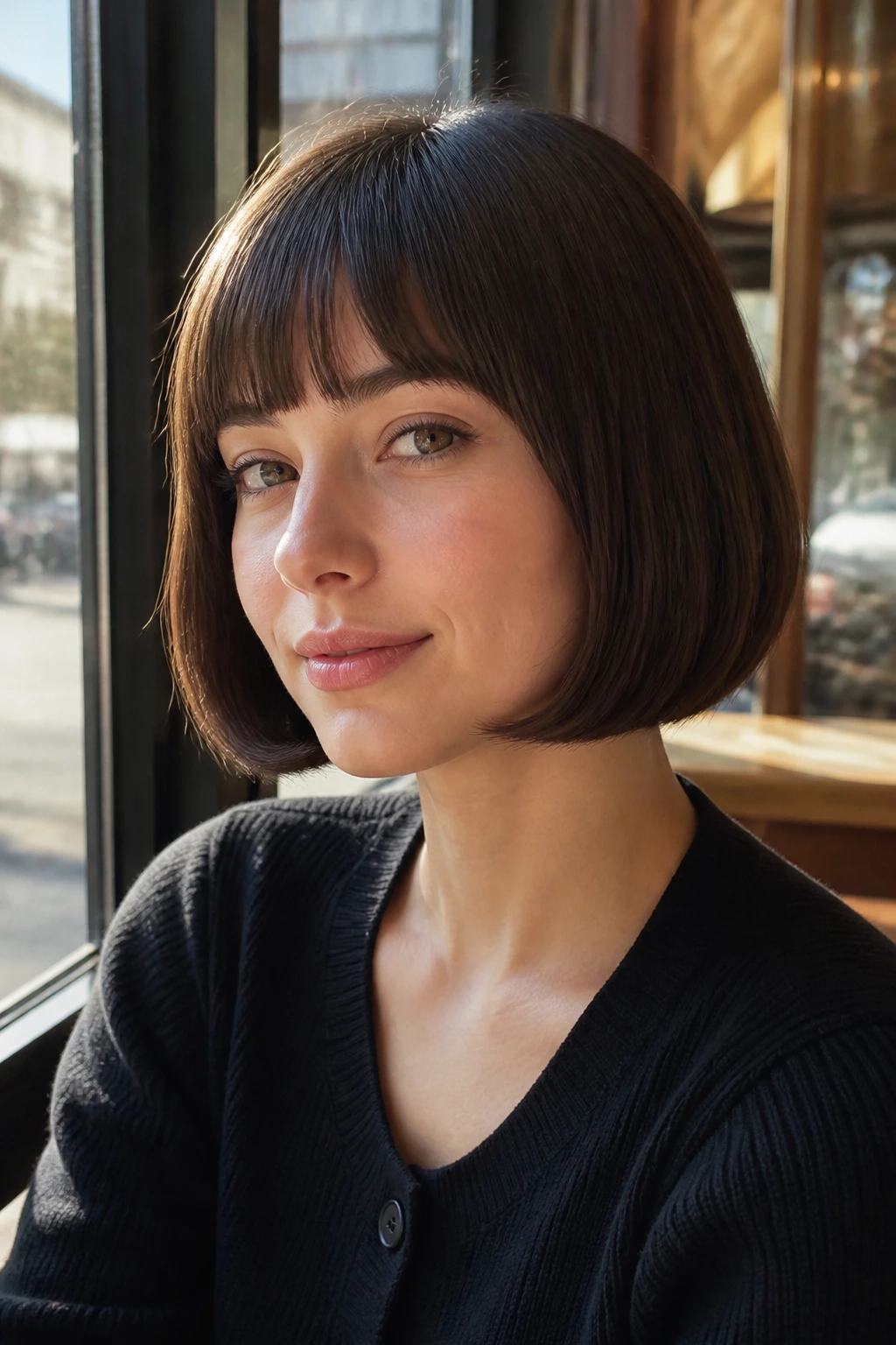 Real woman with pageboy bob in natural light at a cafe window