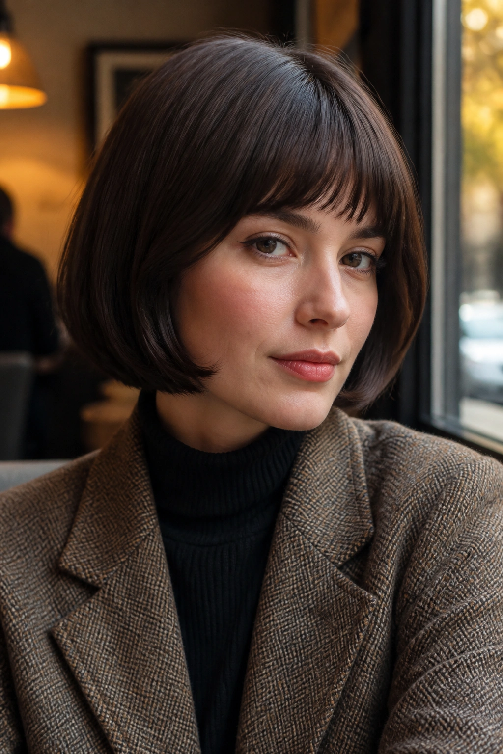 Close-up portrait of a real person with classic pageboy bob in autumn window light