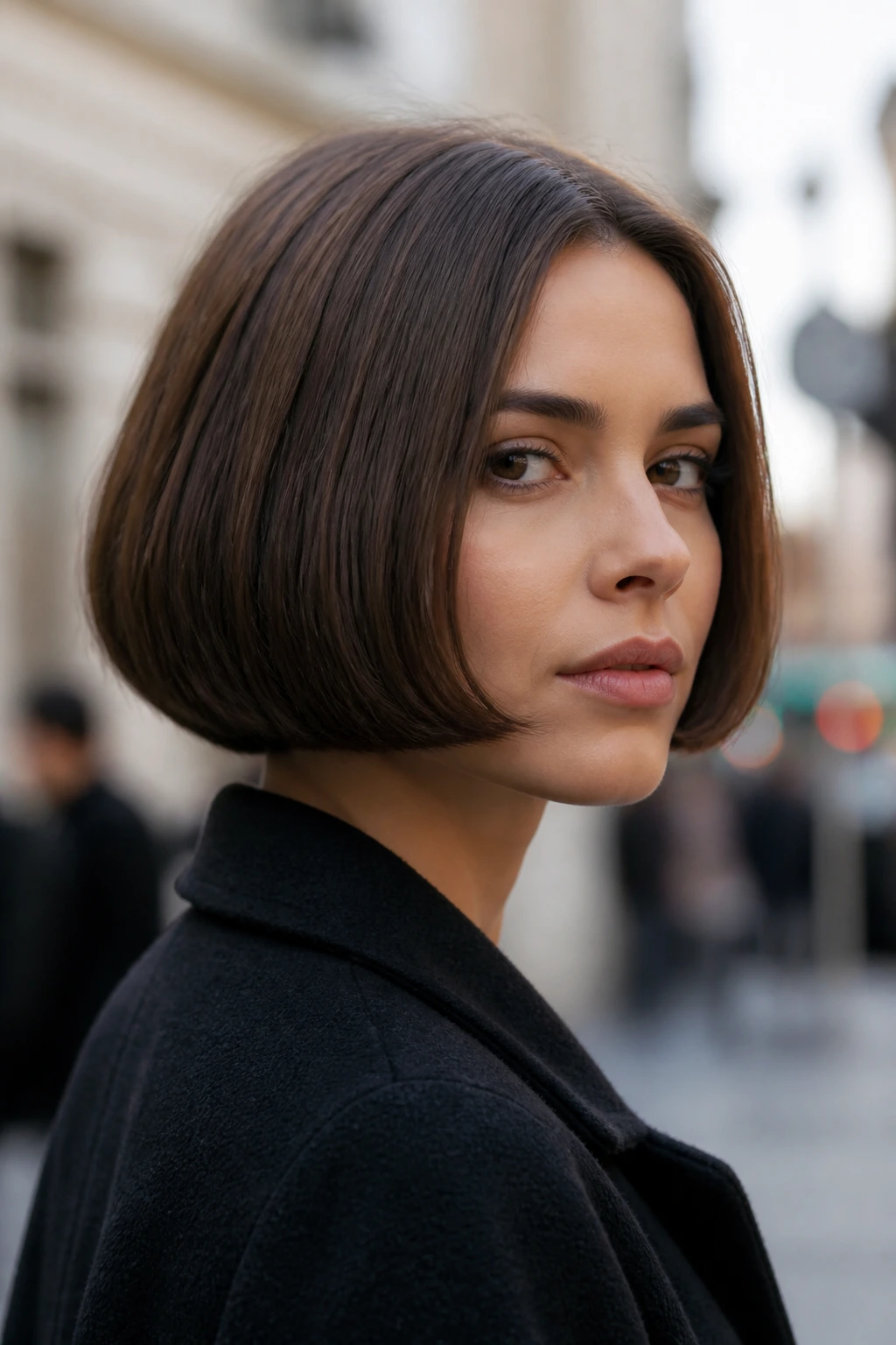 Close-up portrait of a real woman with a pageboy bob outdoors in daylight