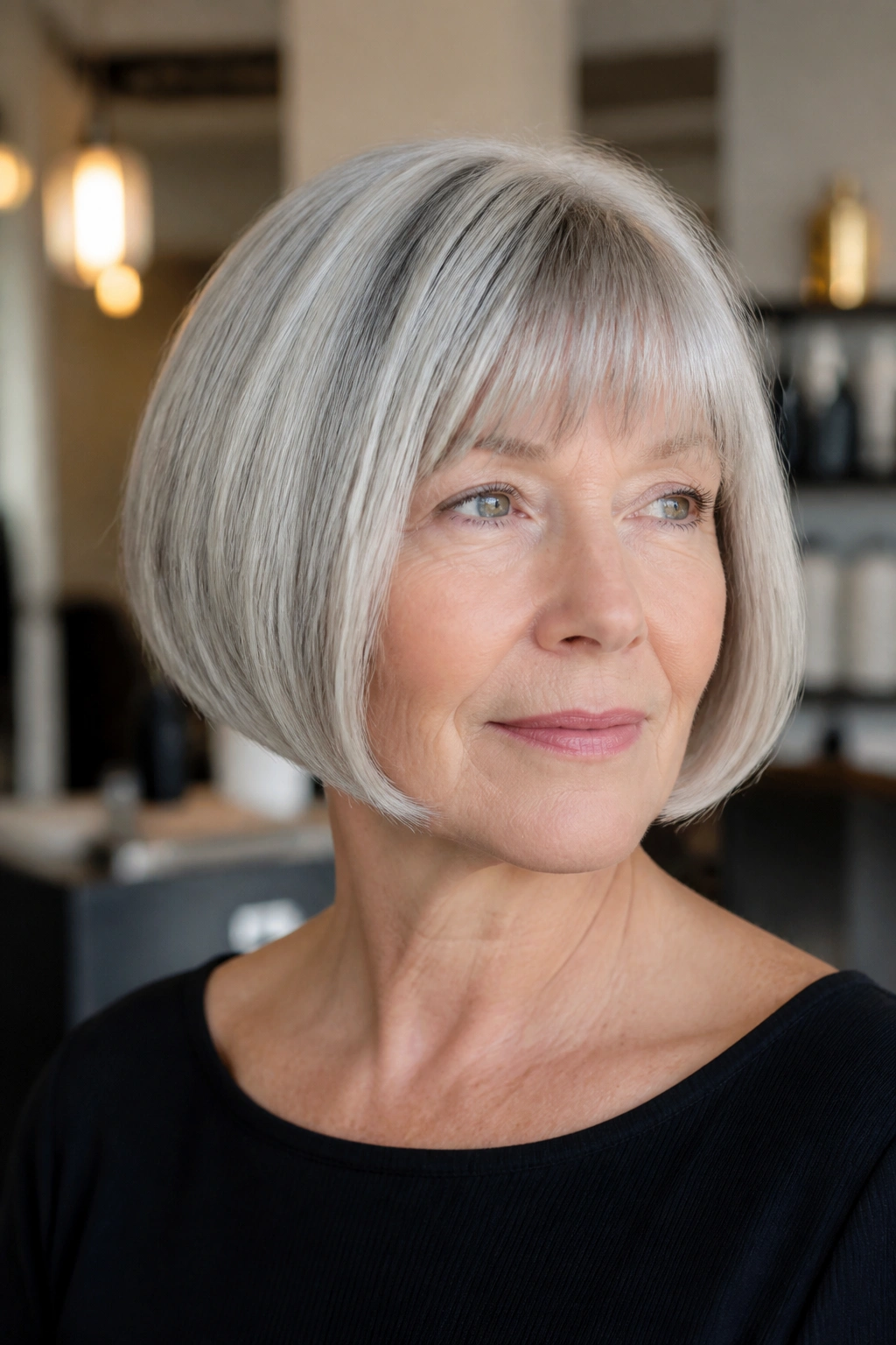Portrait of a real woman with a soft, rounded pageboy cut at jaw length.