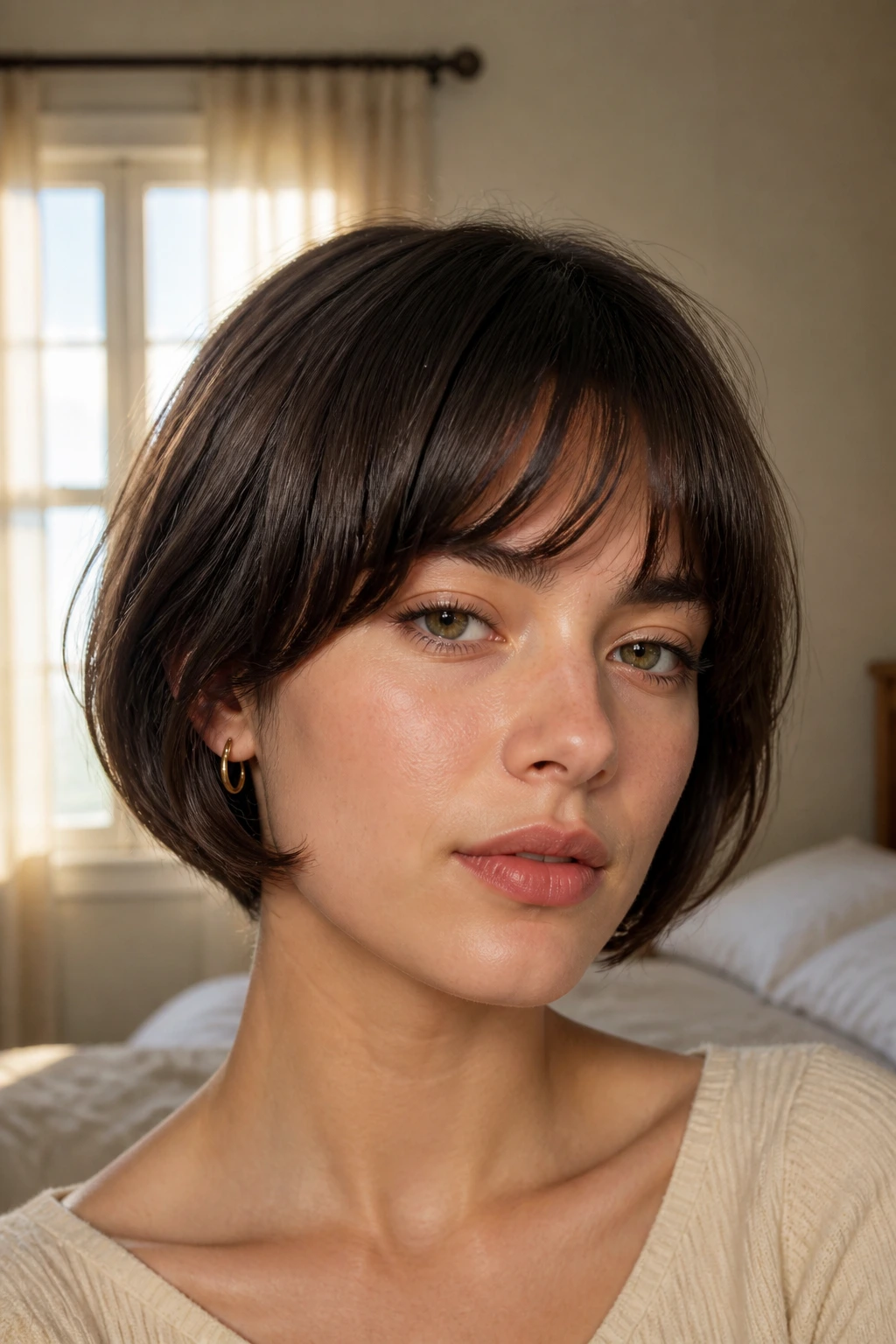 Close-up of a real woman with a soft pageboy haircut, rounded ends and cheek-grazing fringe in natural window light.