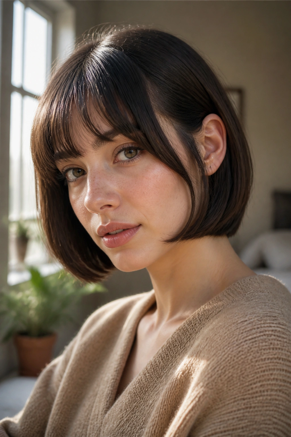 Close-up of a real woman with Pageboy Cut in warm window light.