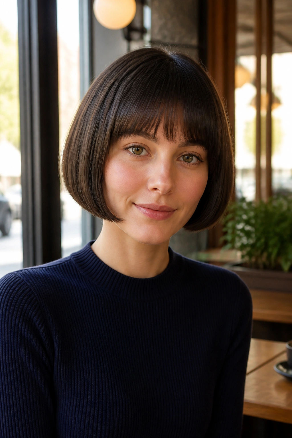 Close-up portrait of a real woman with a rounded pageboy cut under the chin-length curve.