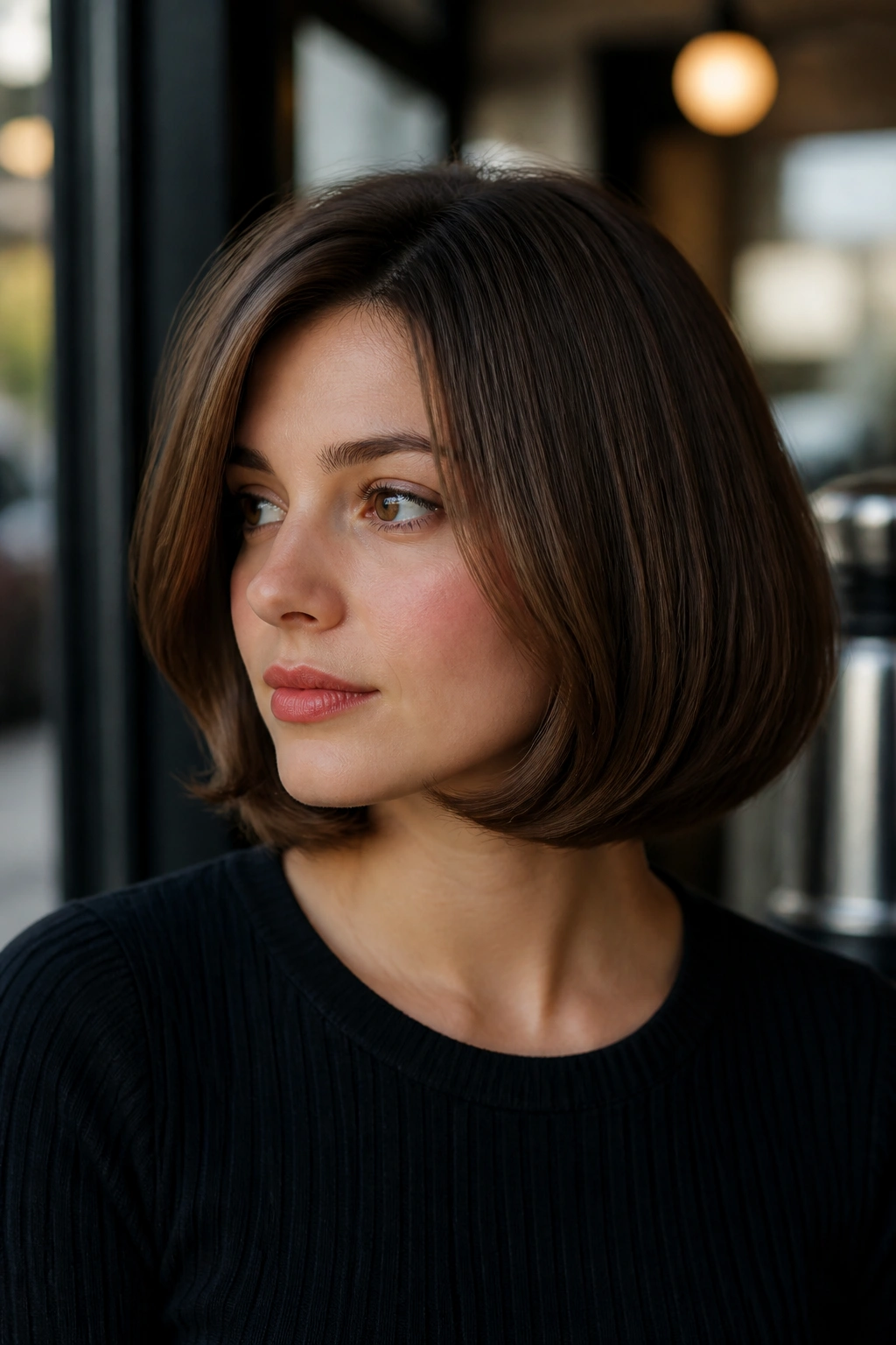 Real woman with pageboy cut and soft flipped ends in a modern cafe
