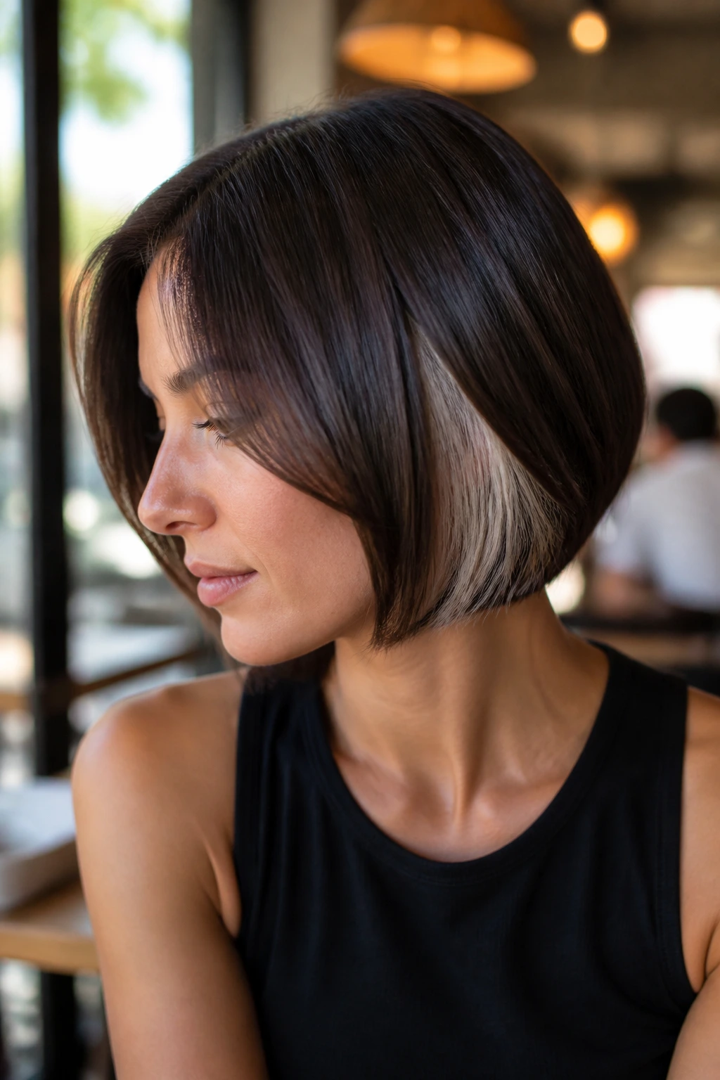 Real woman with pageboy haircut and hidden underlayer stripe peeking from beneath the top layer