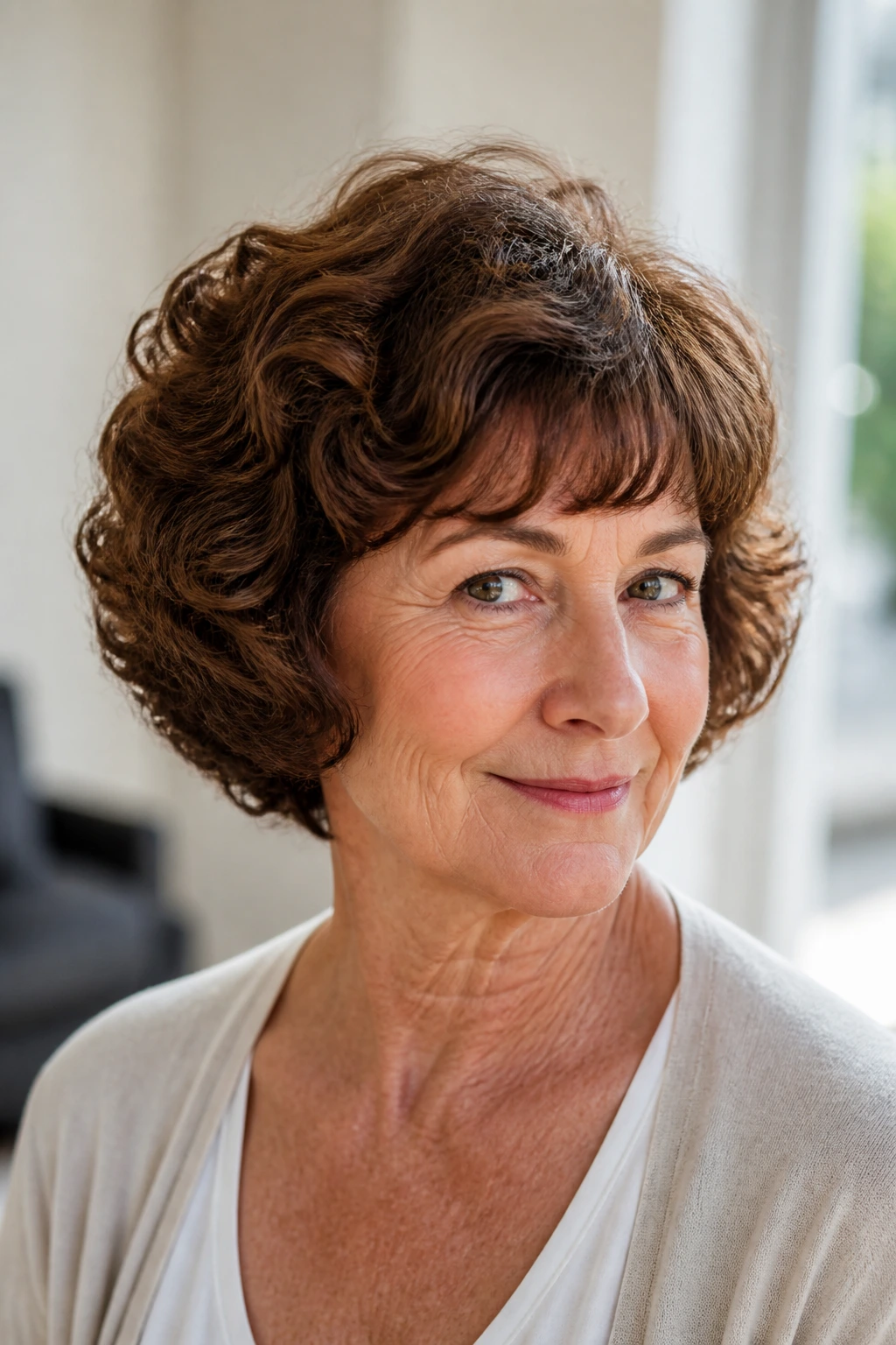 Close-up of real woman with pageboy perm curved ends, rounded silhouette