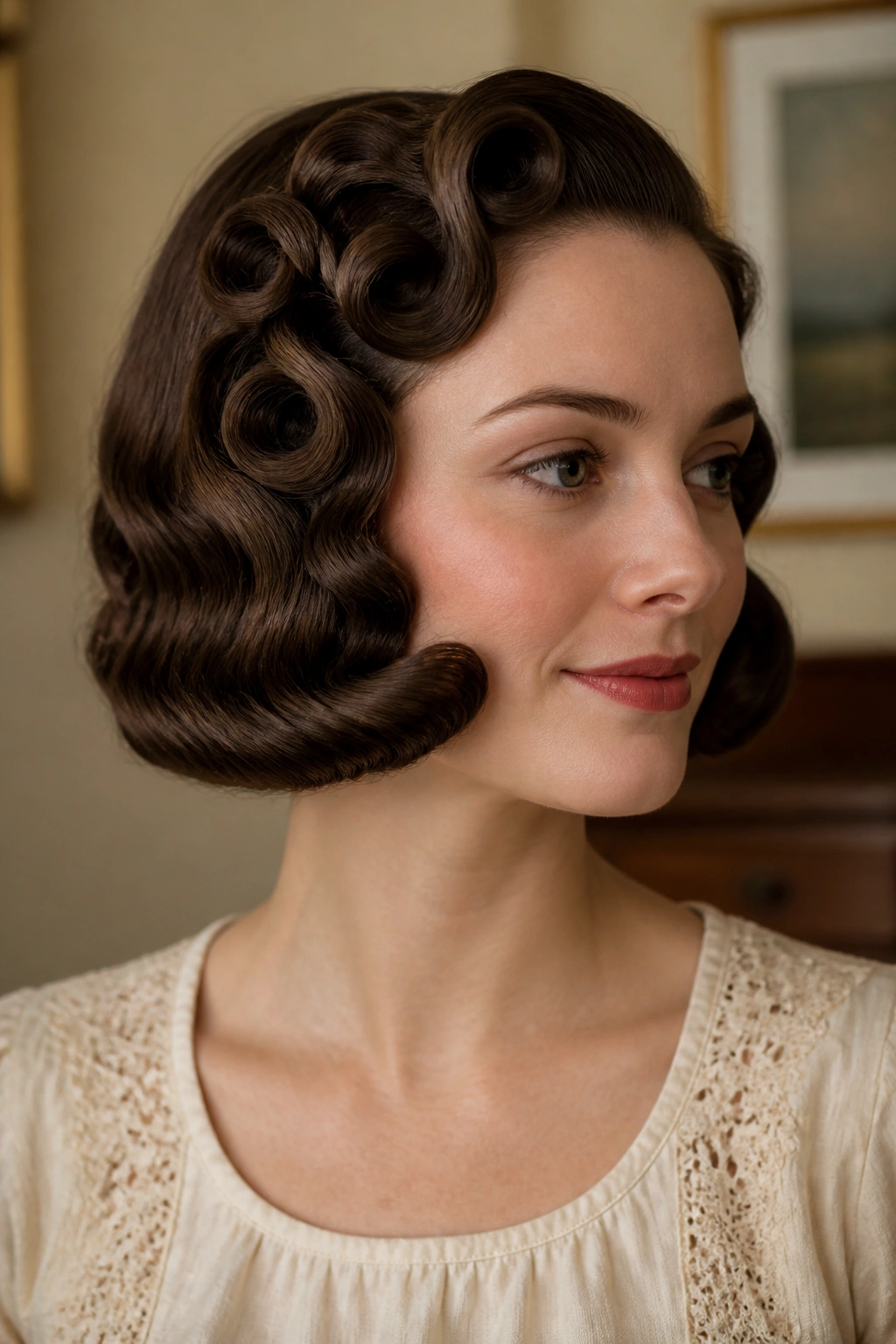 Real woman with pageboy pin curls curving under the jaw.