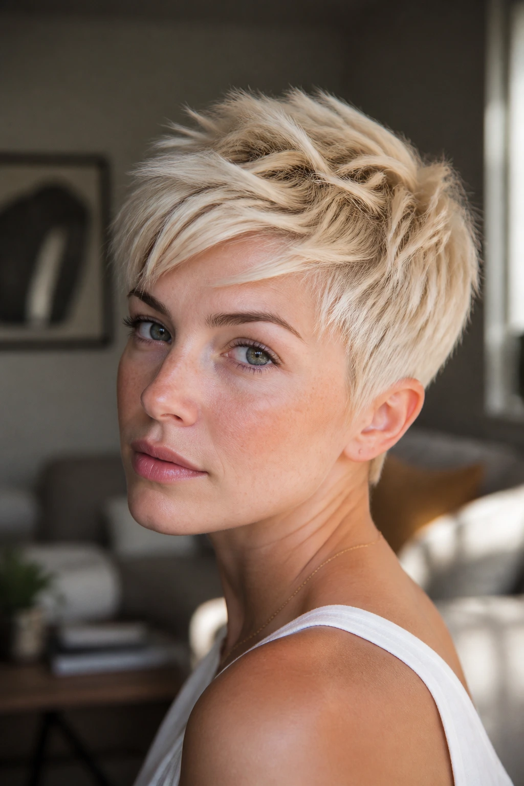 Close-up portrait of a real woman with pale blonde textured pixie highlighting light-catching layers