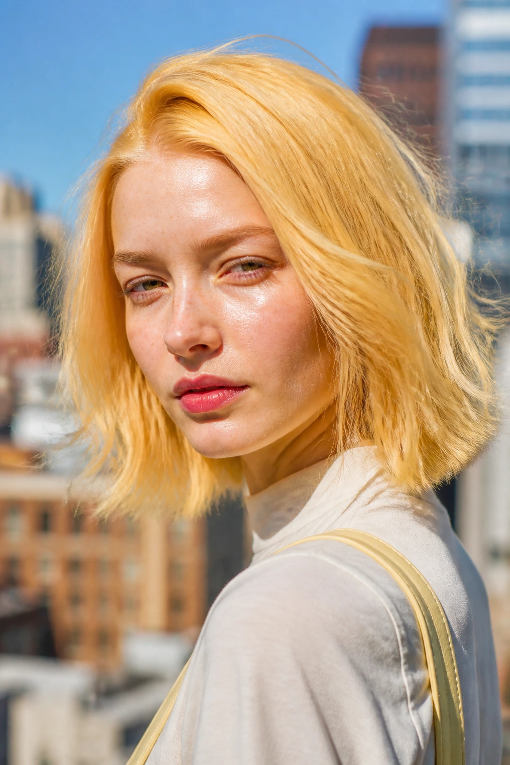 Close-up portrait of a real woman with pale yellow blonde hair under bright sunlight