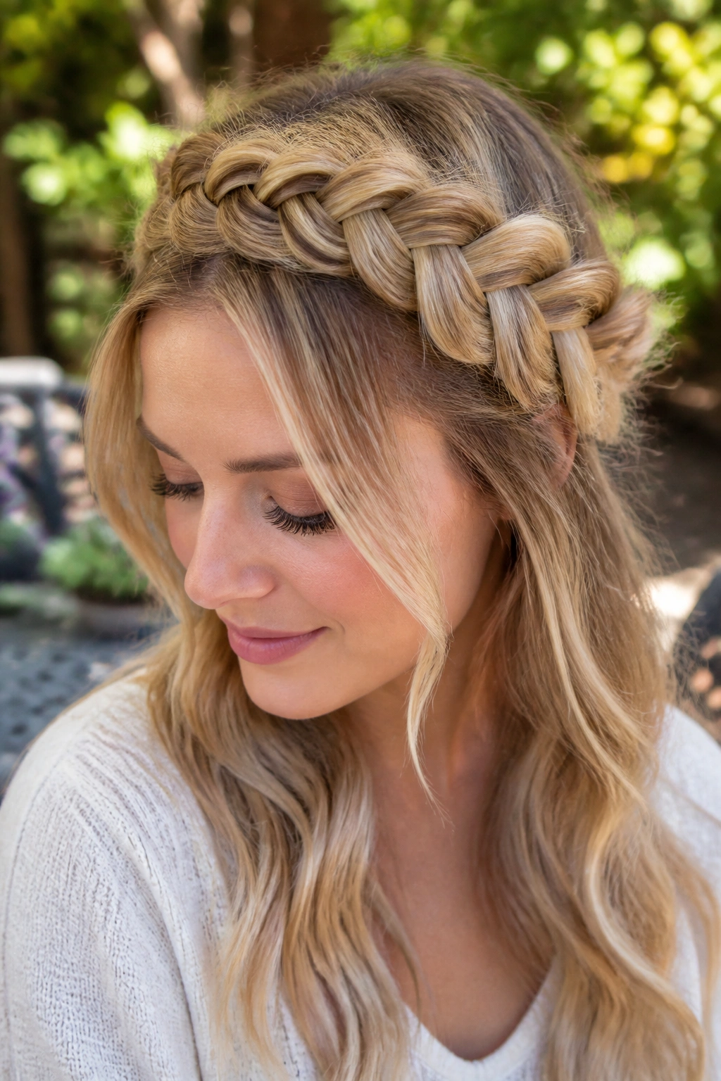 Close-up of real woman with pancaked wide crown braid in garden light.