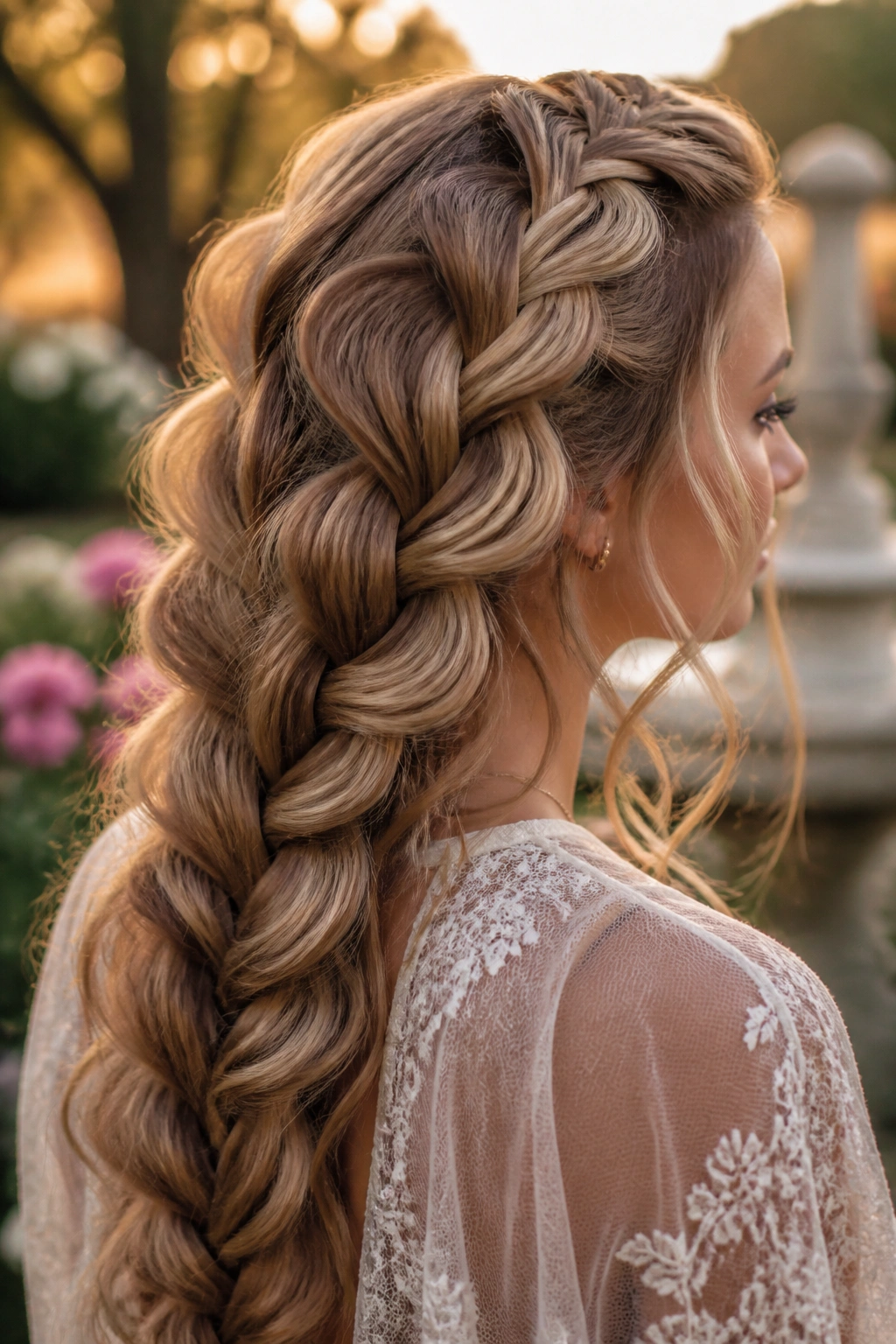 Portrait of a woman with an oversized pancaked Dutch braid in golden hour outdoor light